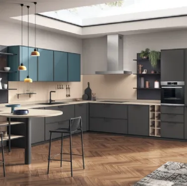 Cucina Moderna Jeometrica 02 in laccato opaco Grigio Ferro e Verde Ottanio di Scavolini