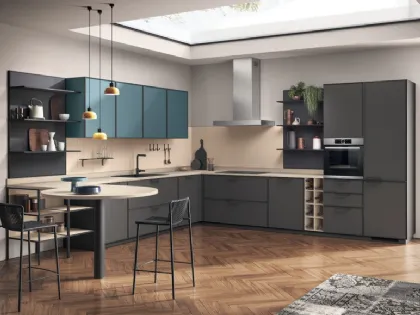 Cucina Moderna Jeometrica 02 in laccato opaco Grigio Ferro e Verde Ottanio di Scavolini