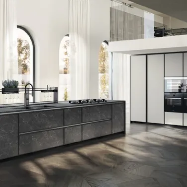 Cucina Moderna Jeometrica in gres Nero Greco e Fenix Grigio Efeso di Scavolini