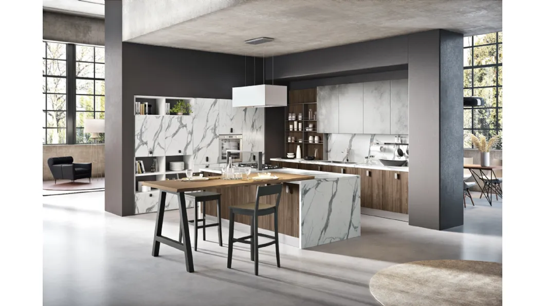 Cucina Moderna con isola Miami 42 in legno e melaminico effetto marmo di Spar